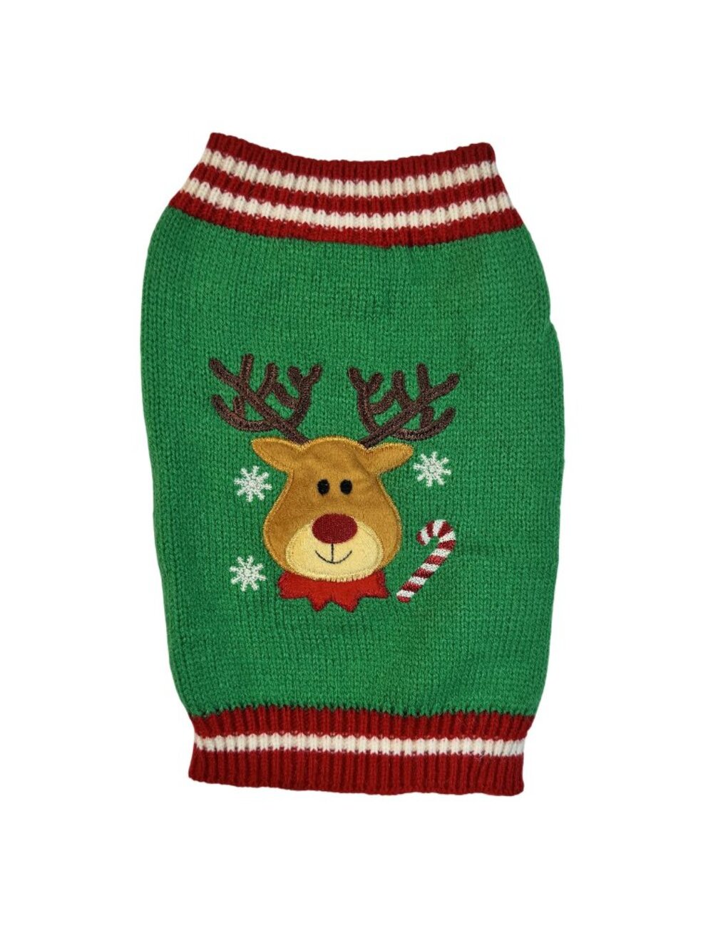 Pet Holiday Green Reindeer Dog Sweater With Candy Cane Embroidery Small